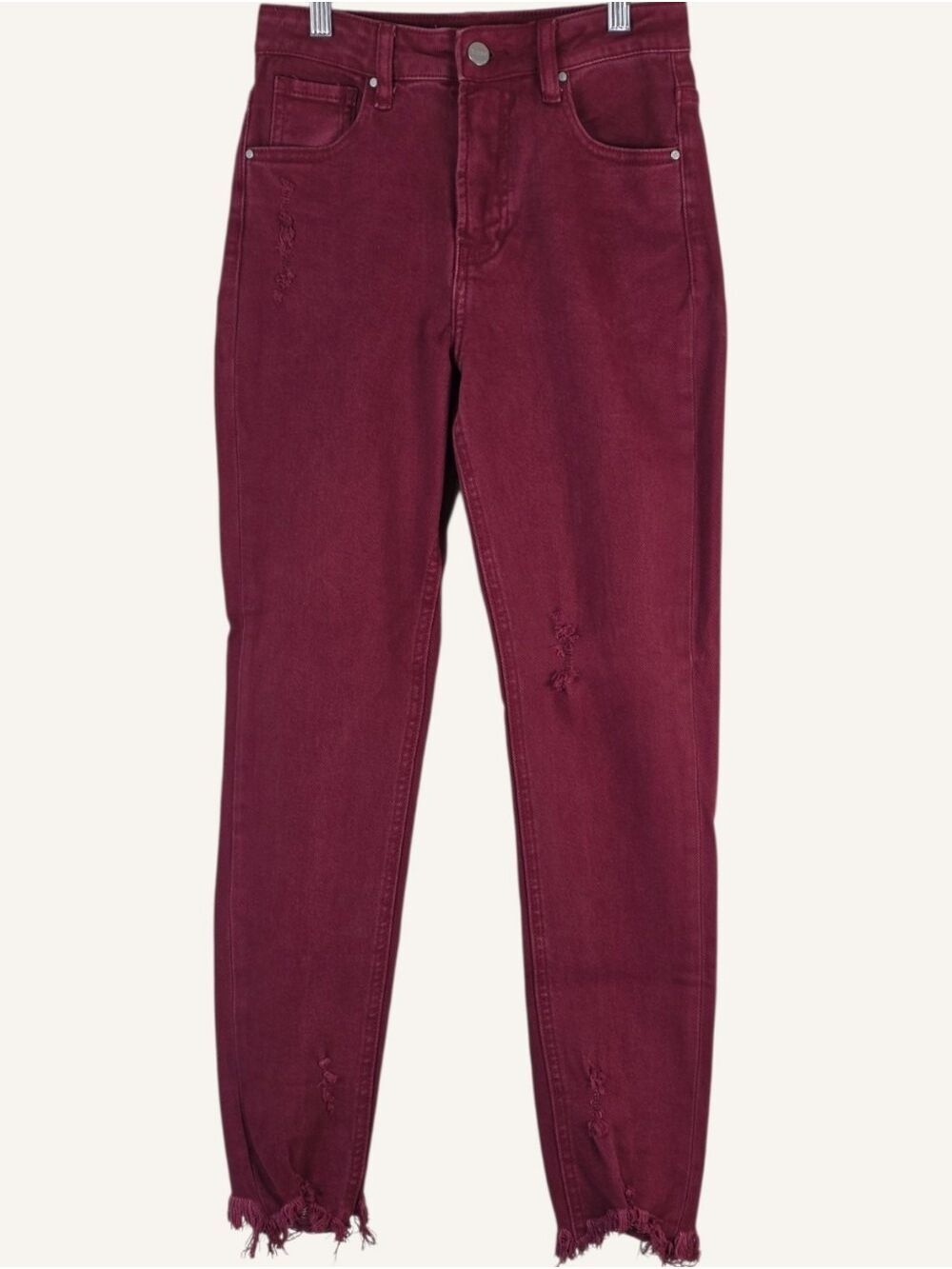 Risen Wine Skinny Jeans 1/25 High Rise Distressed Fray Hem NWT